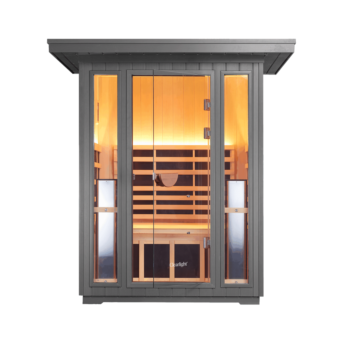Sanctuary Outdoor 2 Person Sauna, front view showing the interior