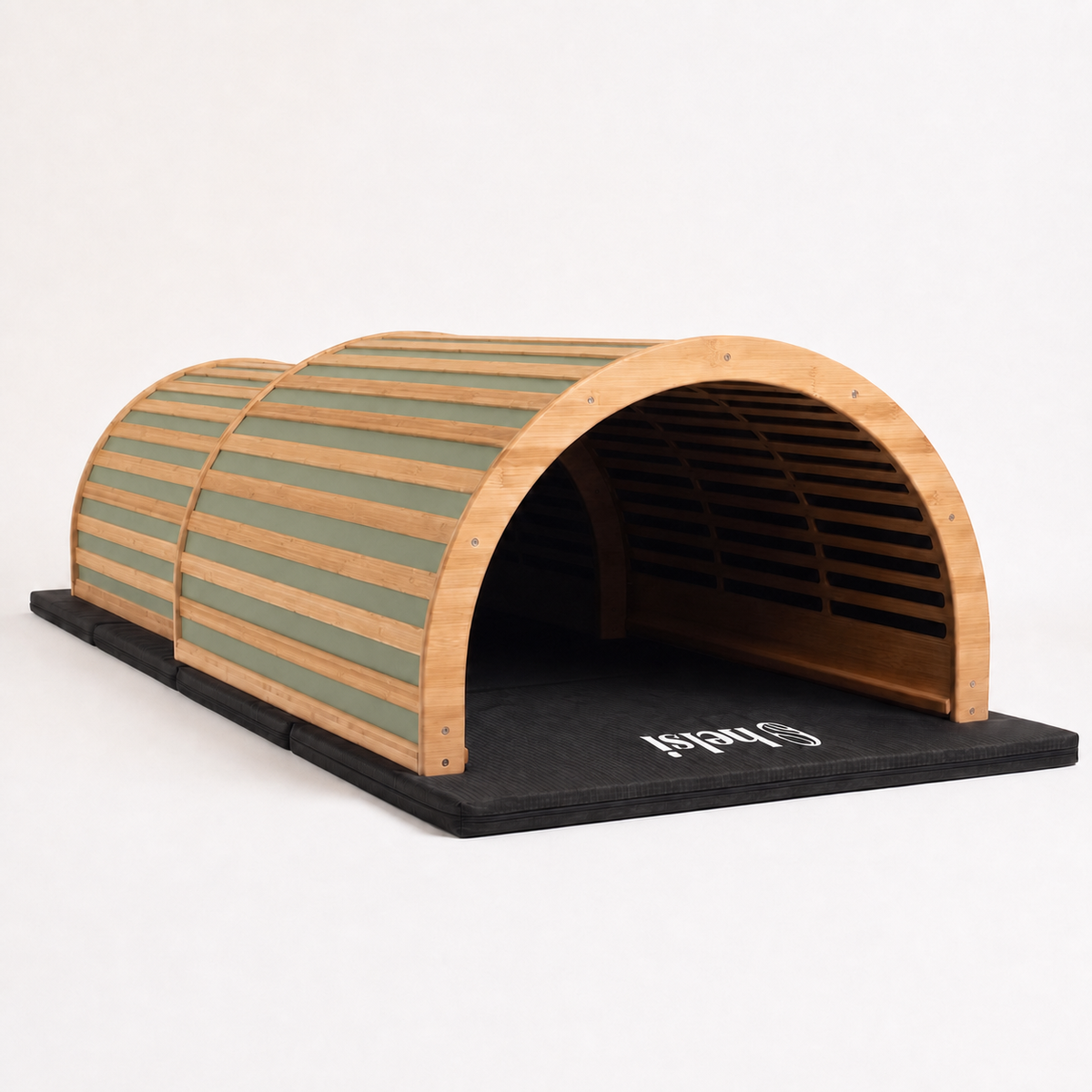 Helsi One Sauna Dome in Sage, extended on its mat