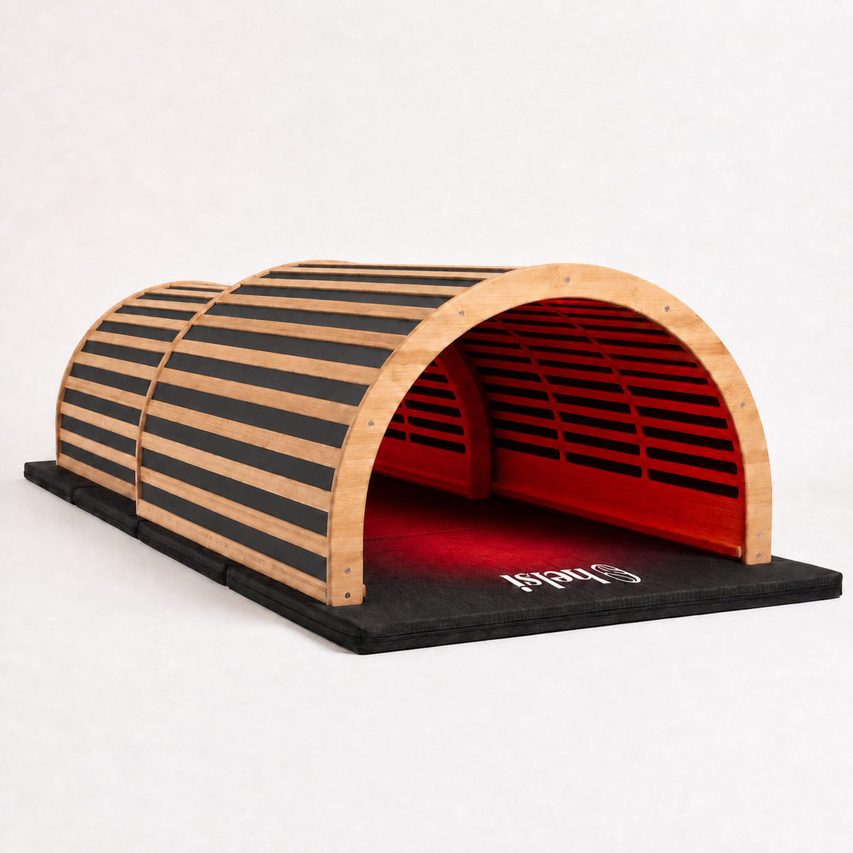 Helsi One Sauna Dome in Charcoal, extended on its mat with red light on