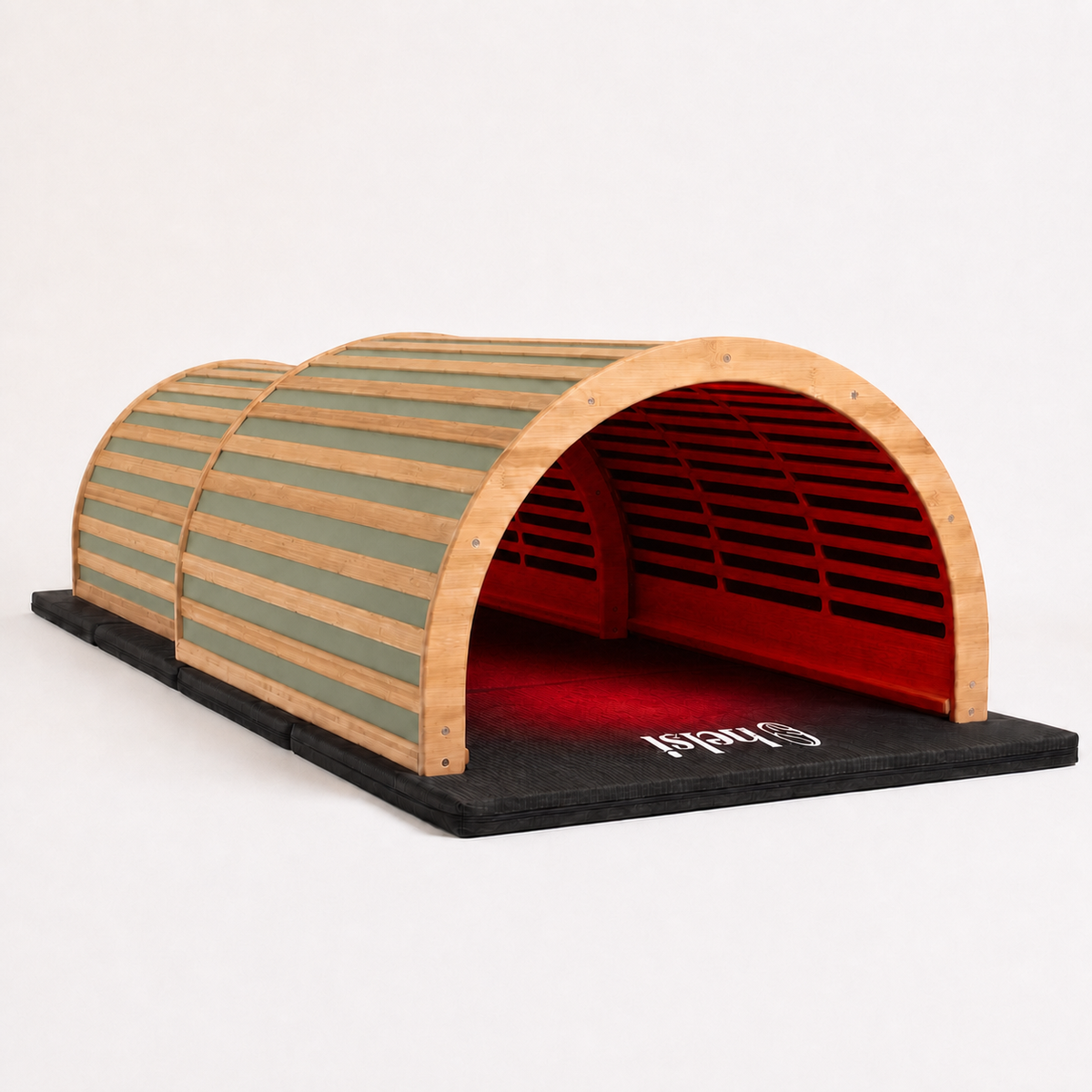 Helsi One Sauna Dome in Sage, extended on its mat with red light on
