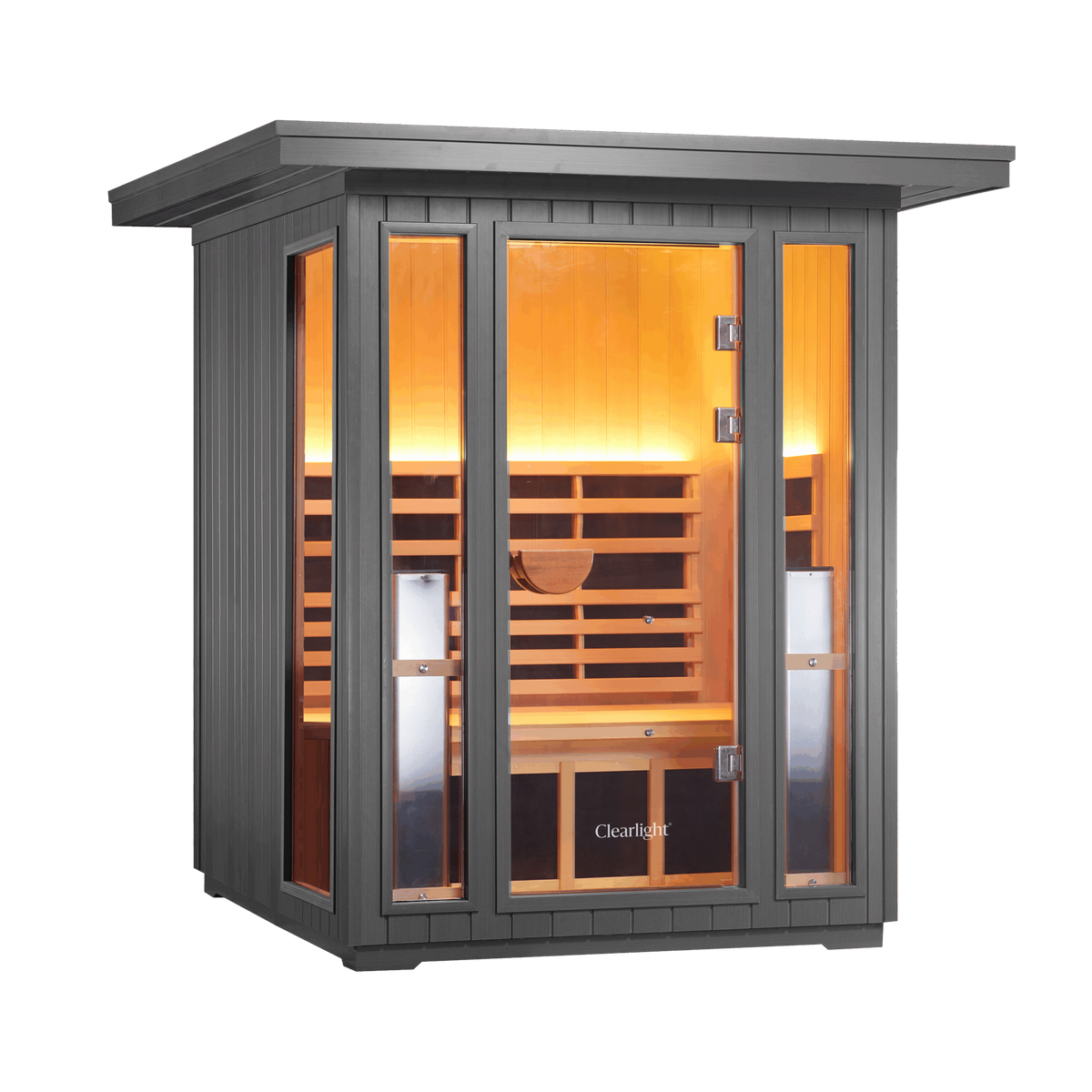 Sanctuary Outdoor 2 Person Sauna, front view with glass door