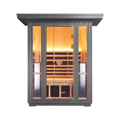Sanctuary Outdoor 2 Person Sauna, front view showing the interior