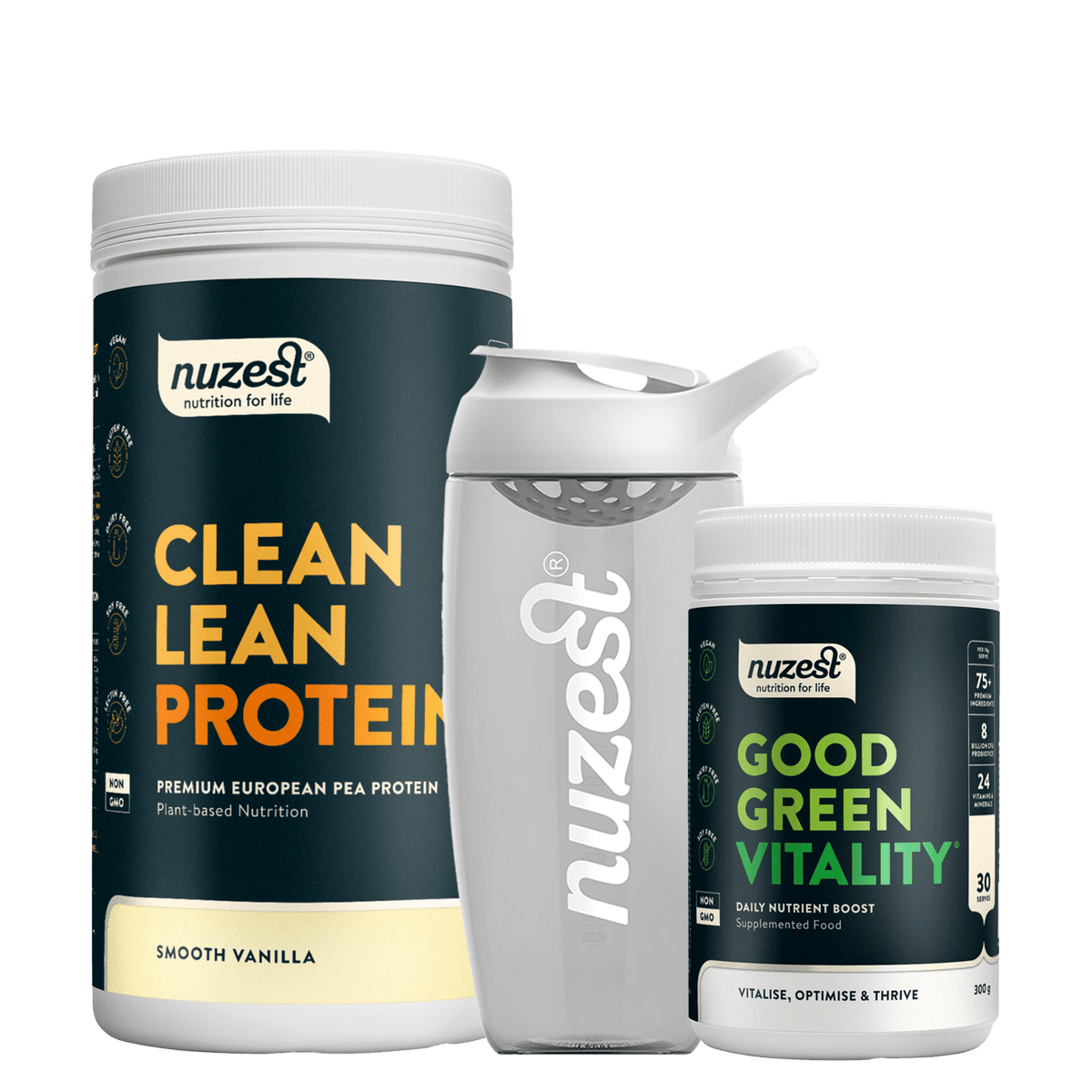 Nuzest Essentials Bundle with Clean Lean Protein, Good Green Vitality and shaker